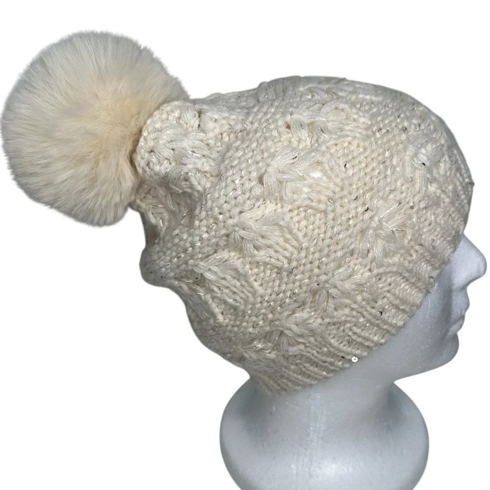 Nanette Lepore Metallic Knit Sequin Pom Pom Beanie Women’s One Size New!